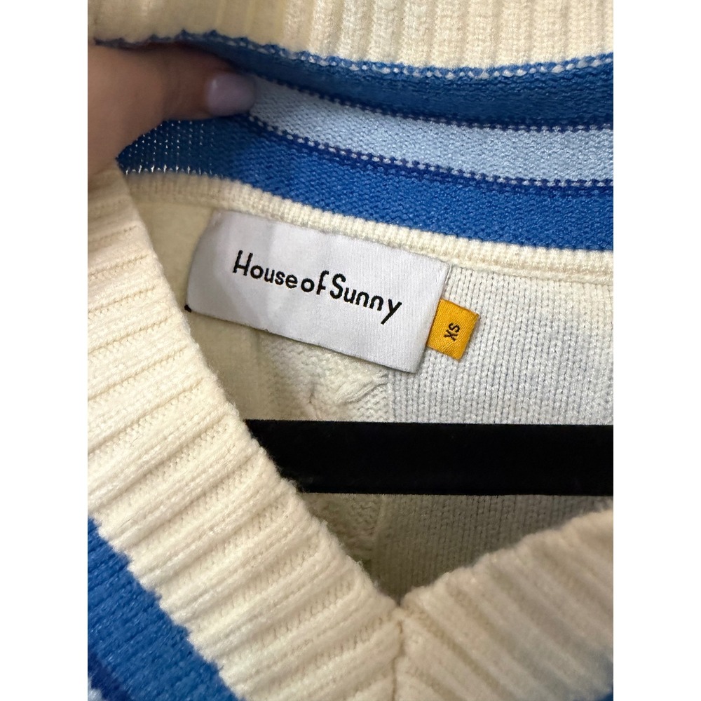 House of Sunny Varsity Cable Knit Sweater Blue Cream Distressed V-Neck XS - Picture 6 of 9